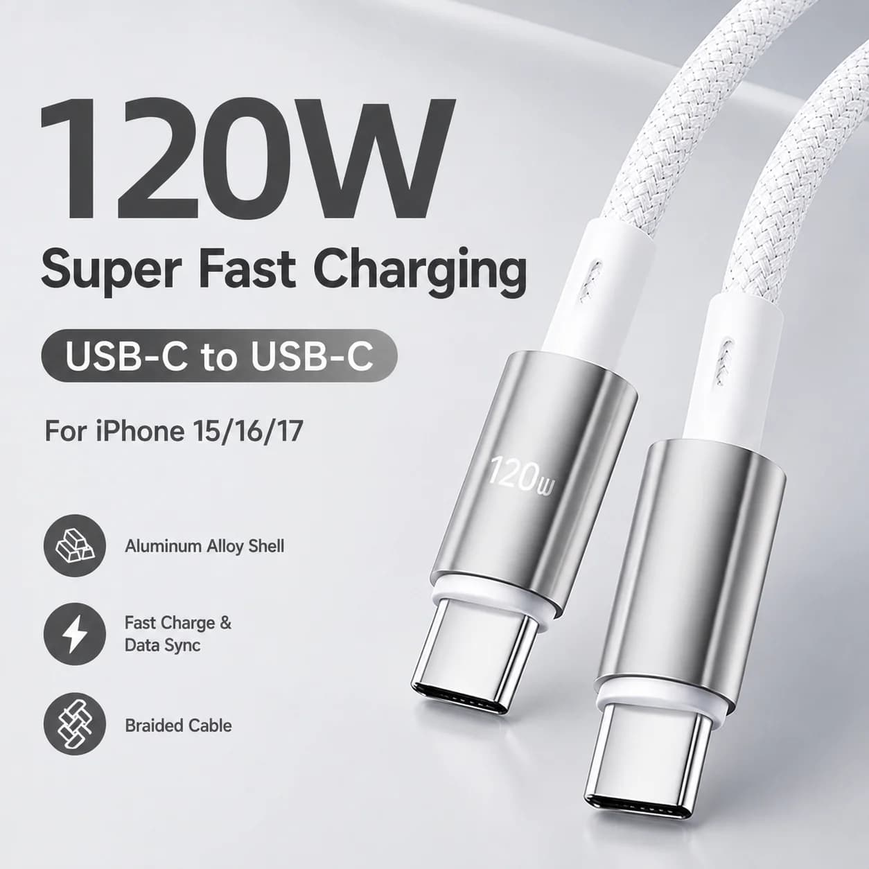 120W USB C Fast Charging Cable Braided Type C Data Cable for iPhone 15 16 17 Huawei 66W