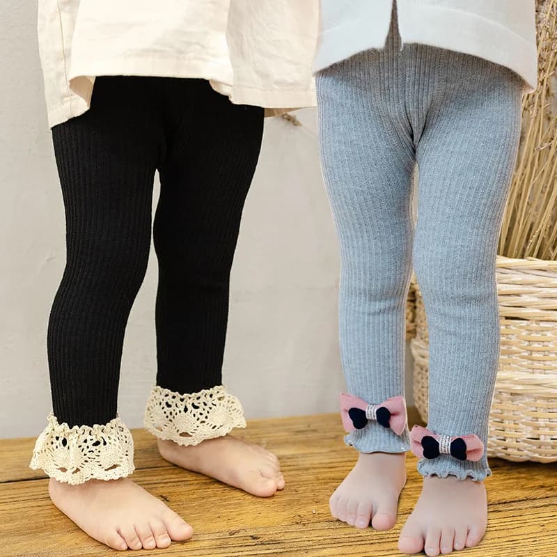 Nuovi Leggings in Maglia per Bambine, Moda Primavera-Autunno con Fiocco in Pizzo, Pantaloni per Neonati e Bambini 0-4 Anni