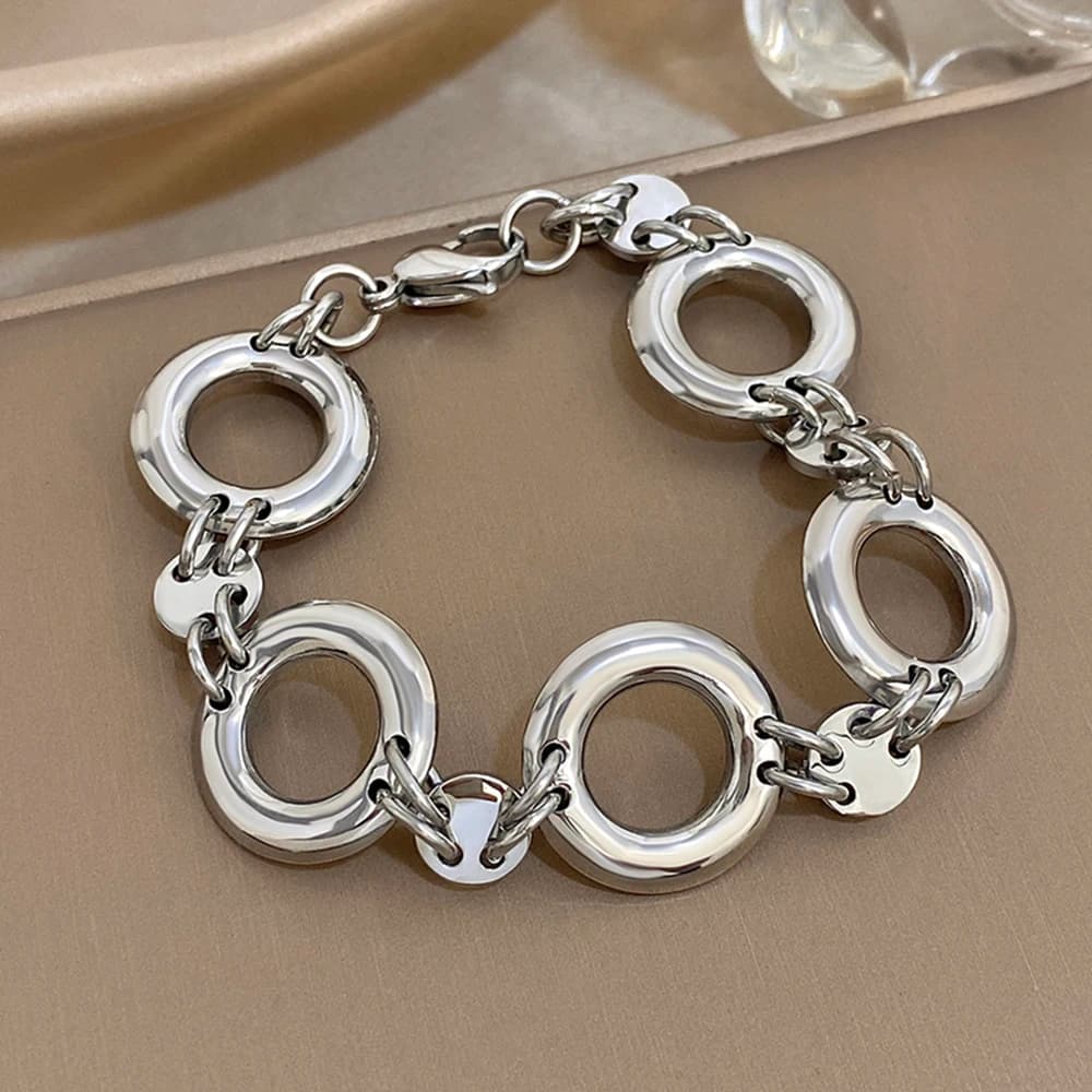 Braccialetti impermeabili in acciaio inossidabile per donna Uomo Ragazza Chunky Punk Metallo Cerchio spesso Anelli Braccialetti a catena con lucchetto a disco rotondo