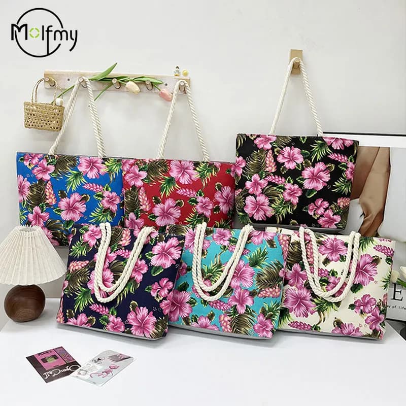 Beach Shoulder Handbag Printed Canvas Tote Bags for Women Cloth Bag Fashion Women's Handbag Reuse Flower Large Capacity Shopping