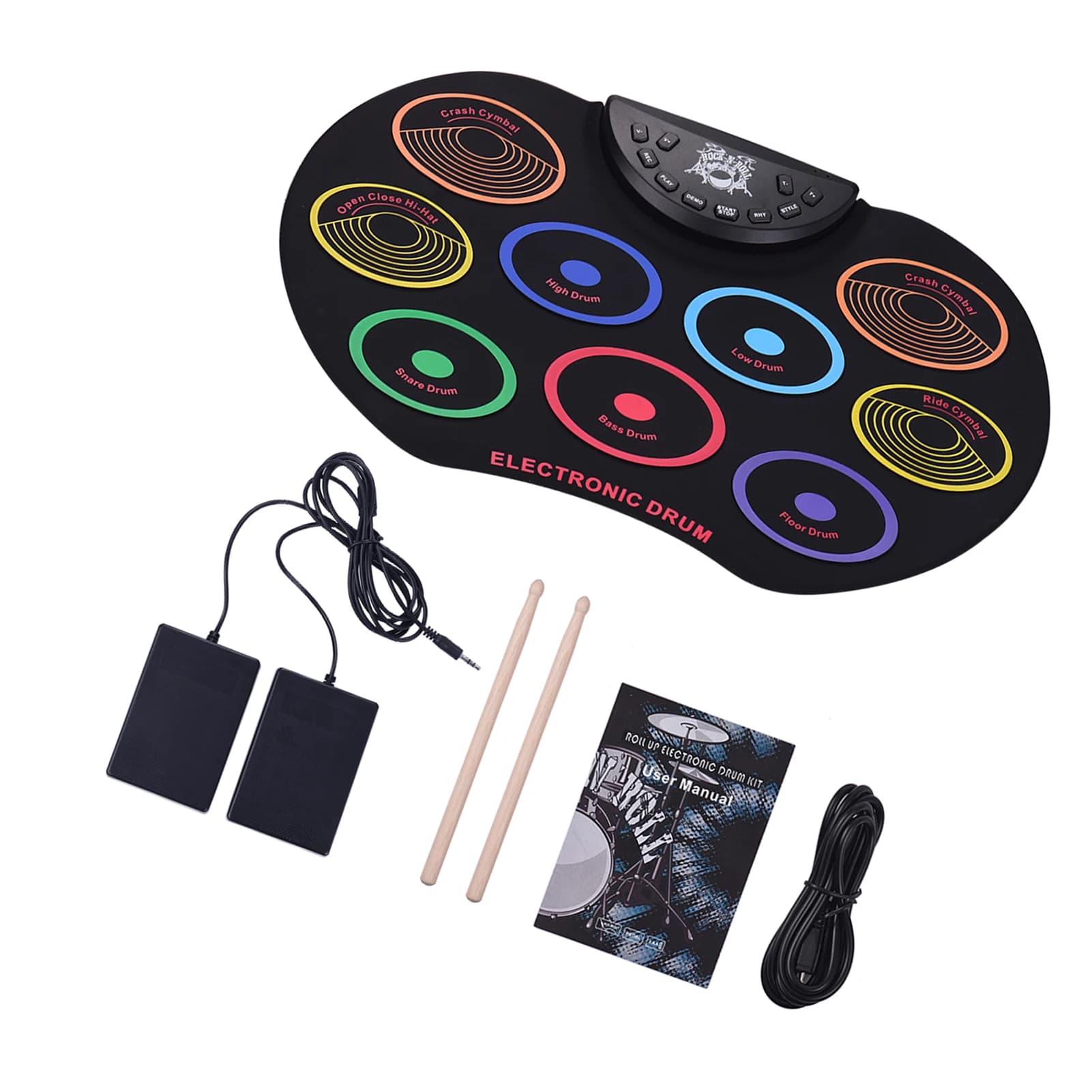 Set di batteria elettronica arrotolabile di dimensioni compatte, 9 pad in silicone, alimentato tramite USB/batteria, con bacchette e pedali per bambini