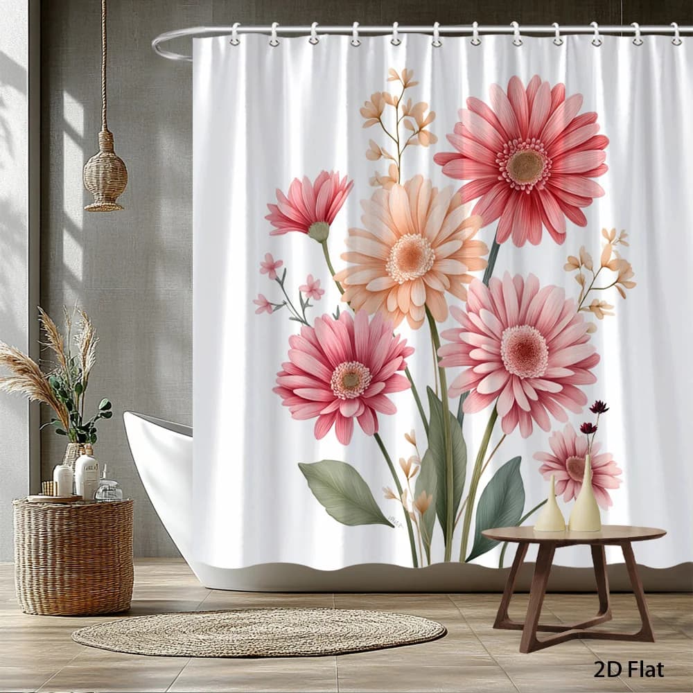 Tenda da doccia con gerbera rosa, fiori dai toni pesca con foglie verdi, sfondo bianco, stampa piatta 2D, poliestere, 70,8"x70,8"
