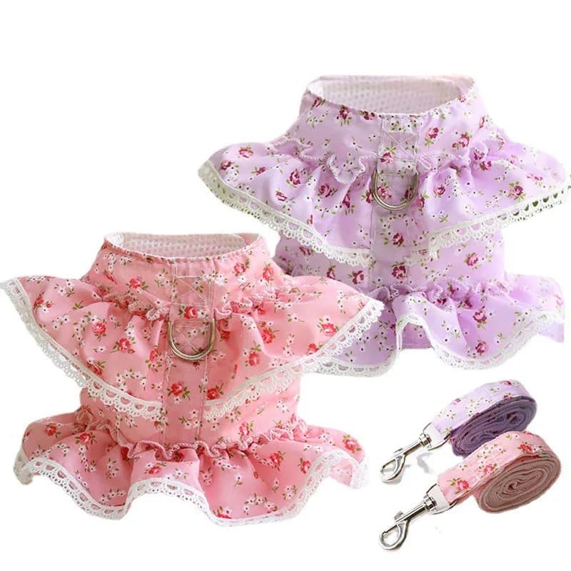 Set Pettorina e Guinzaglio per Cani e Gatti, Regolabile, con Stampa Floreale, Gilet Pettorina per Animali Domestici, Vestiti Carini per Cani, Pettorina in Rete per Cuccioli, Accessori per Cani