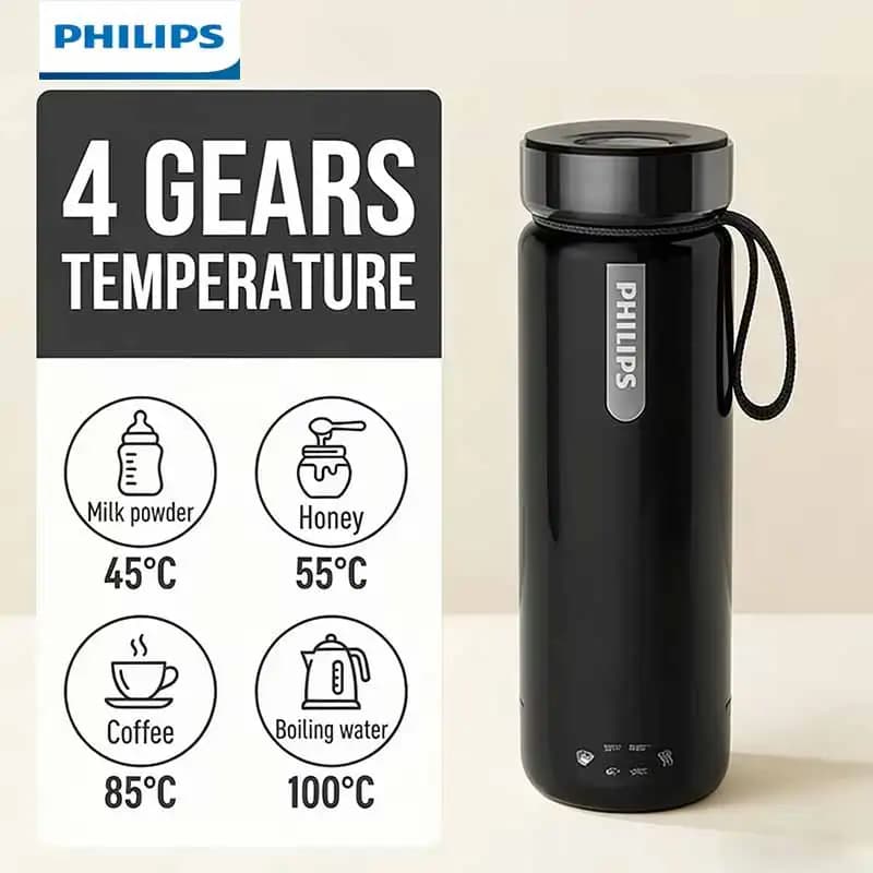 Bollitore Elettrico e Tazza Termica 2-in-1 Philips 350mL, 4 Impostazioni di Temperatura, Acciaio Inox SUS316, Bollitore Portatile da Viaggio