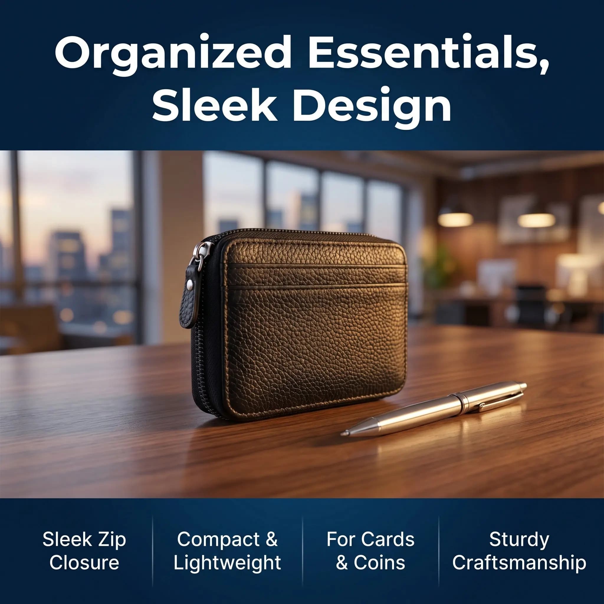 Mini Credit Case Black Zipper Wallet 9 Card Pockets 2 Coin Compartments Photo Id Holder Travel Wallet Bag