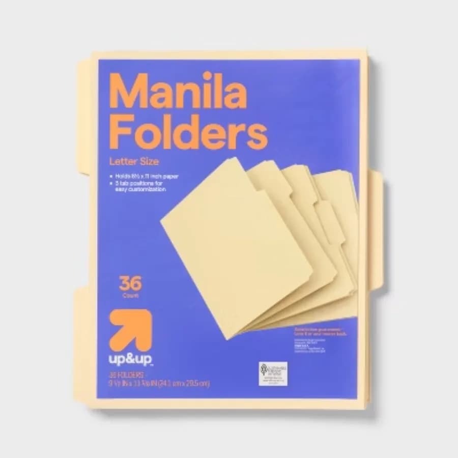 36ct Brown Manila Top Tab File Folders, Non‑Pronged, 12 Sheet Capacity, 11.62" × 9.5", Office Document Storage