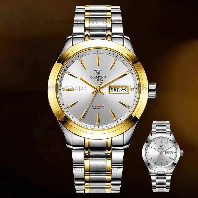 Orologio meccanico completamente automatico da uomo di marca Shanghai Diamond, con doppio calendario, in acciaio inossidabile, Business