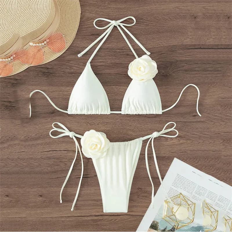 Bikini 3D Floreale Bianco a Triangolo con Laccetti Halter 2026 - Costumi da Bagno Donna Sexy Brasiliani Set Bikini