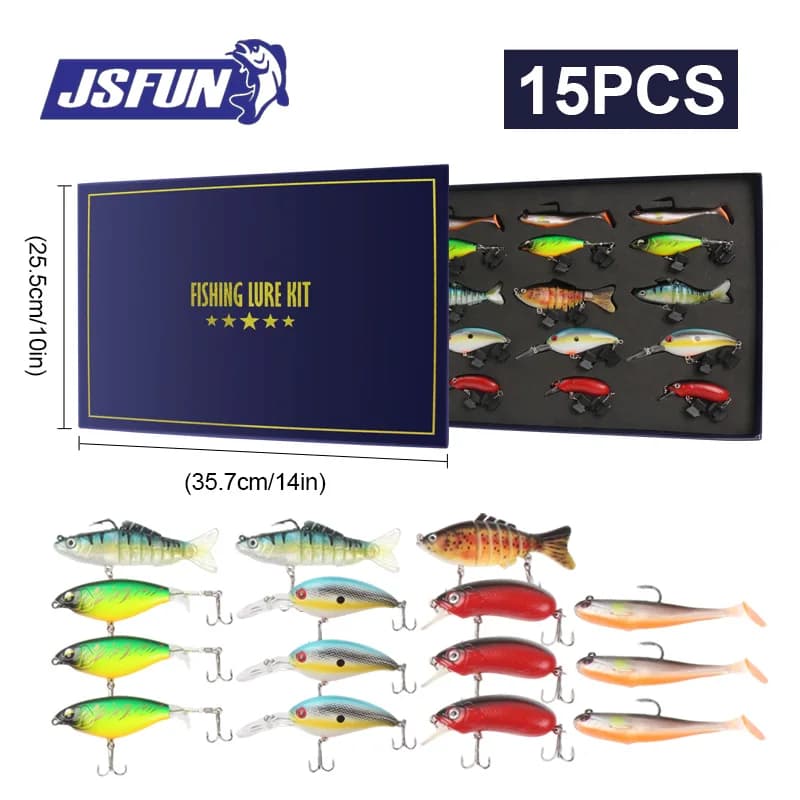 JSFUN 15PCS Fishing Lure Set Full Combo Soft Hard Lures Metal Baits Hooks Fishing Gift box set for Fishing Lover