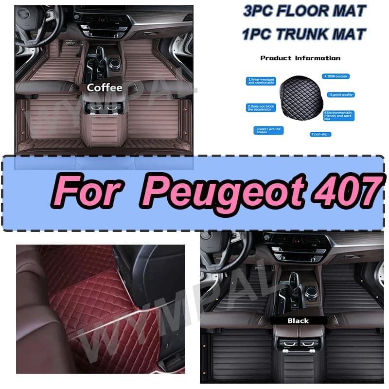 LUSSO custom car mats for Peugeot 407 2004 2005 2006 2007 2008 Luxury leather auto