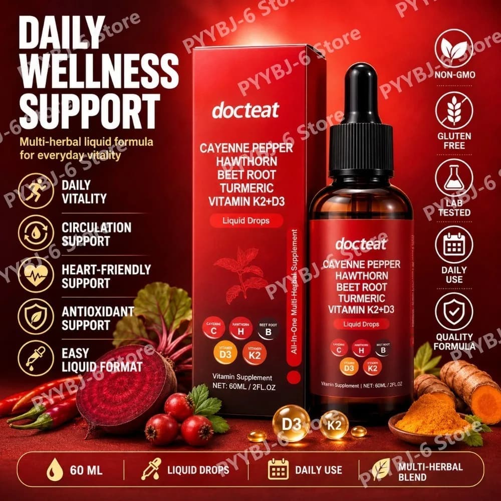 Gocce Liquide di Peperoncino Cayenne con Biancospino, Barbabietola, Curcuma, Vitamina K2 D3, Integratore Multivitaminico a Base di Erbe 60ml per il Benessere Quotidiano