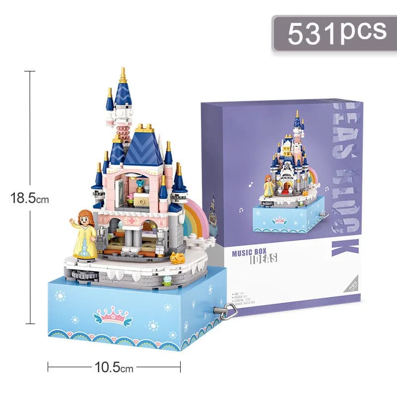 IDEA Amusement Park Rotating Music Box Mini Block Castle Fairy Tale Princess Figures Model Building Brick Toys For Girls Gift