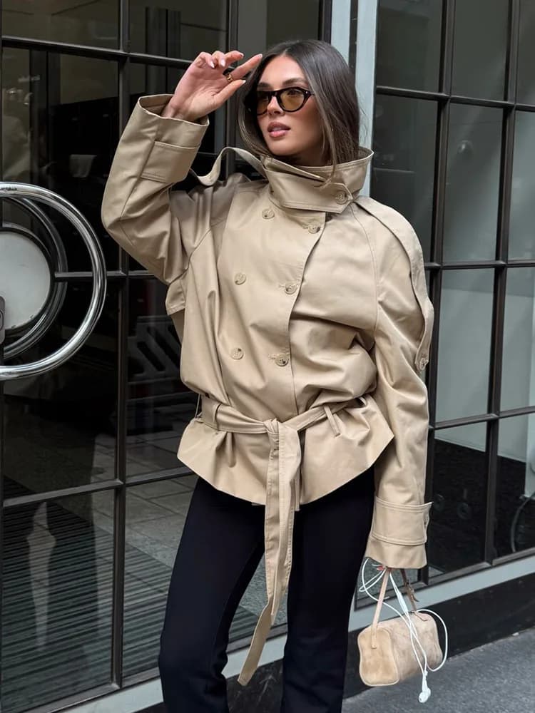 Giacca Corta da Donna HH Elegante con Collo Alto, Doppiopetto e Cintura Decorativa, Stile Chic e alla Moda