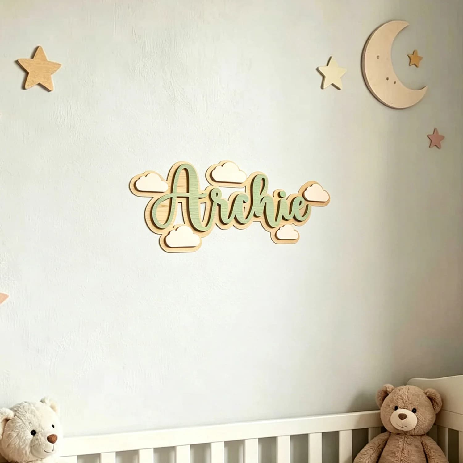 1pc Custom Cloud Double Layer Wooden Name Sign Personalized Cursive Text Wall Tabletop Indoor Farmhouse Home Decor Gift