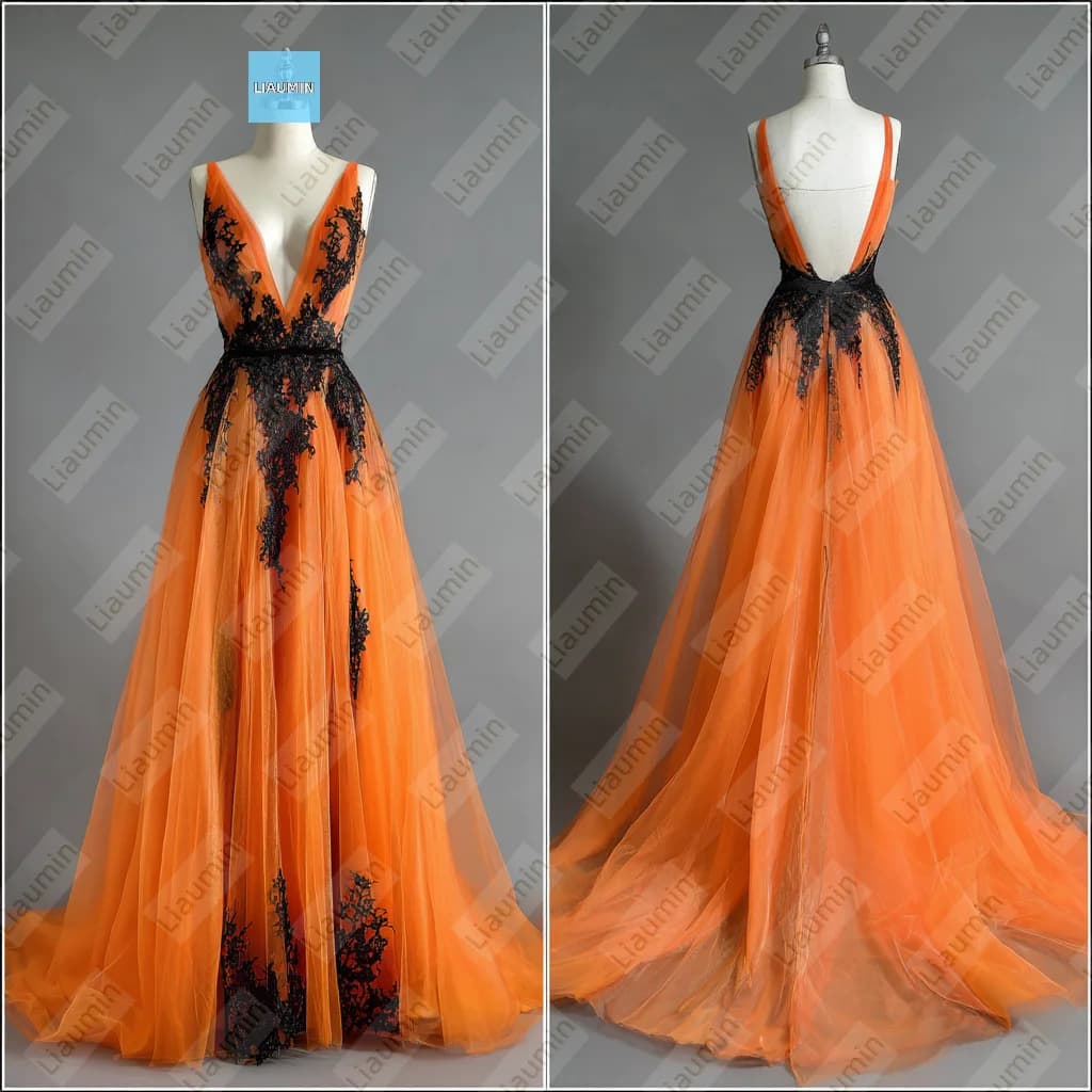 Tulle arancione con applicazioni in pizzo nero con scollo a V lungo senza schienale abito formale da sposa per ballo di fine anno personalizzato fatto a mano A7-1.11