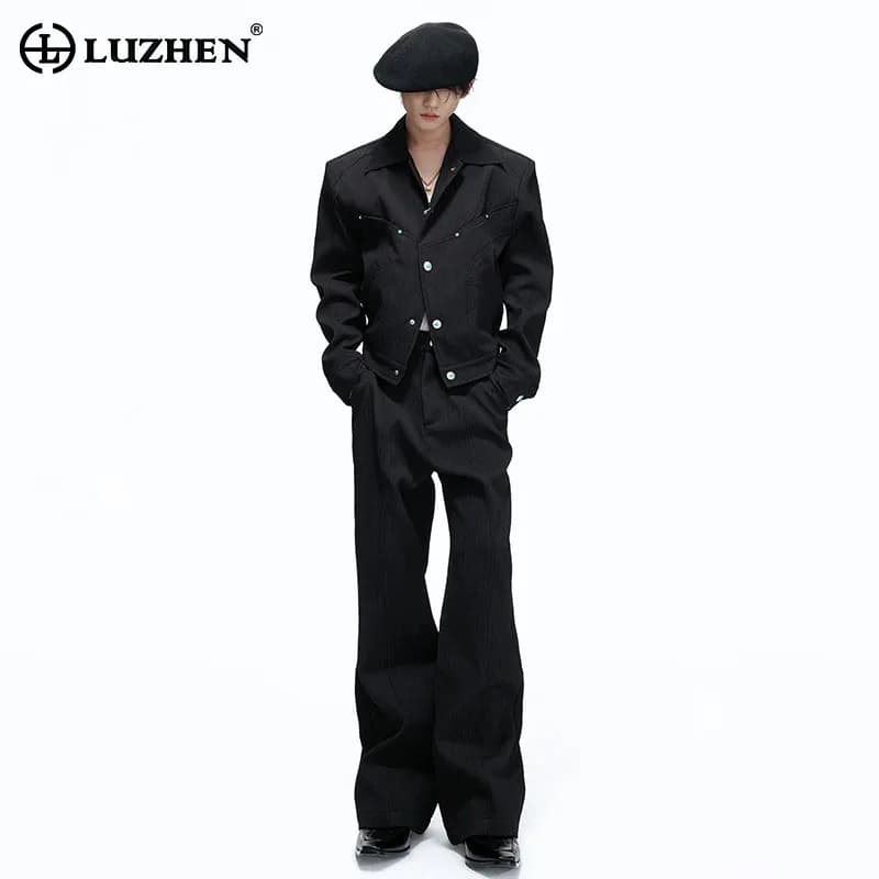 LUZHEN 2026 New Stylish Buttoned Decorate Casual Jacket Men's High Quality Solid Color Straight Trousers Handsome Clothes JY8337