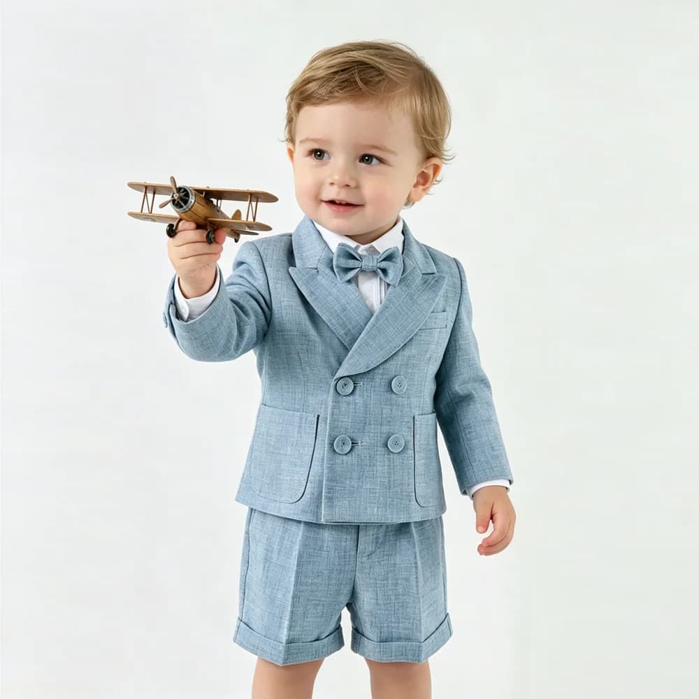 Boys Light Blue Linen Suit 3Pcs Double Breasted Blazer Suspender Shorts Bow Tie Toddler Wedding Birthday Formal Gentleman Outfit