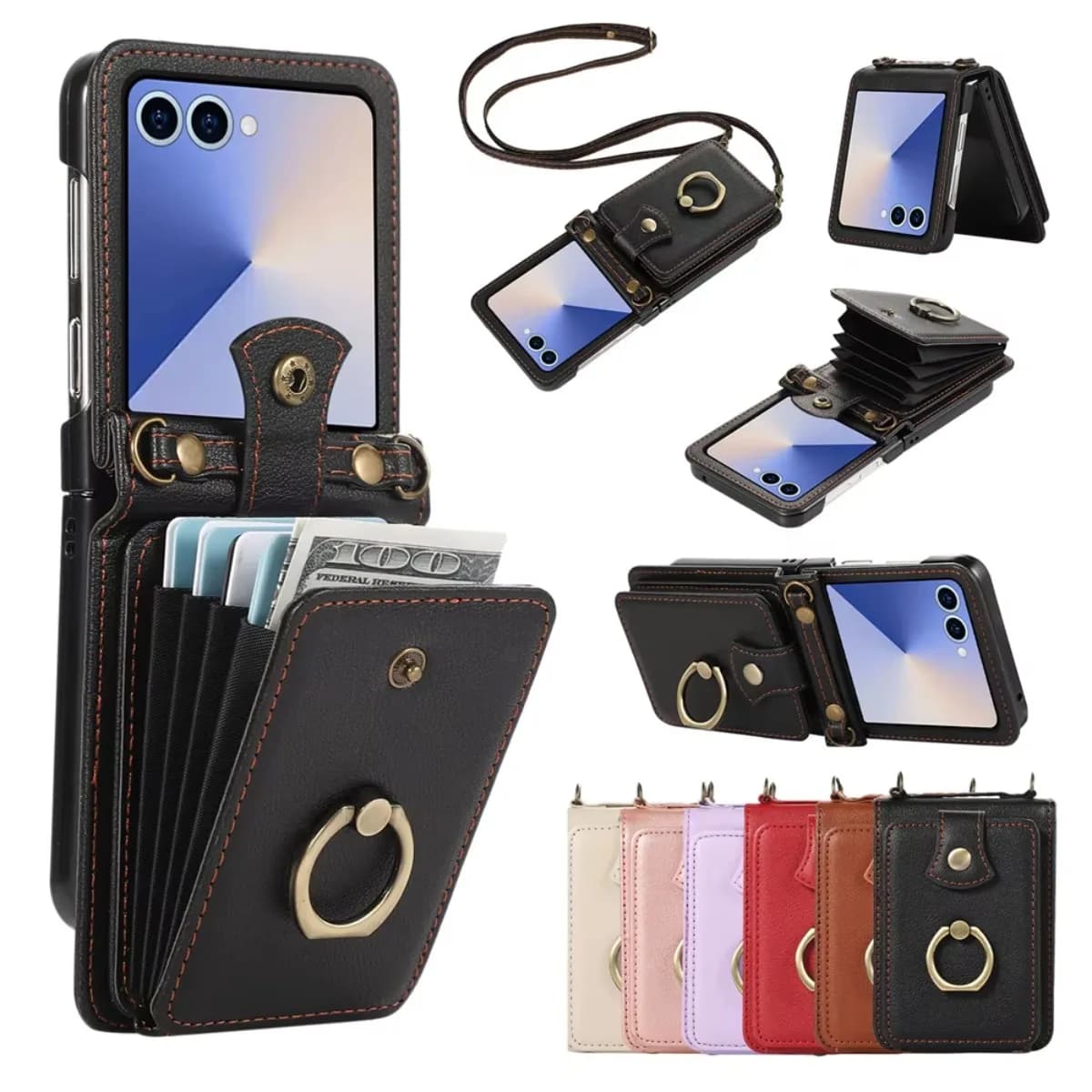 Wallet phone case with leather card slot with ring support for Samsung Galaxy Z Flip 7 6 5 4 3 Flip7 FE Zippered protective case