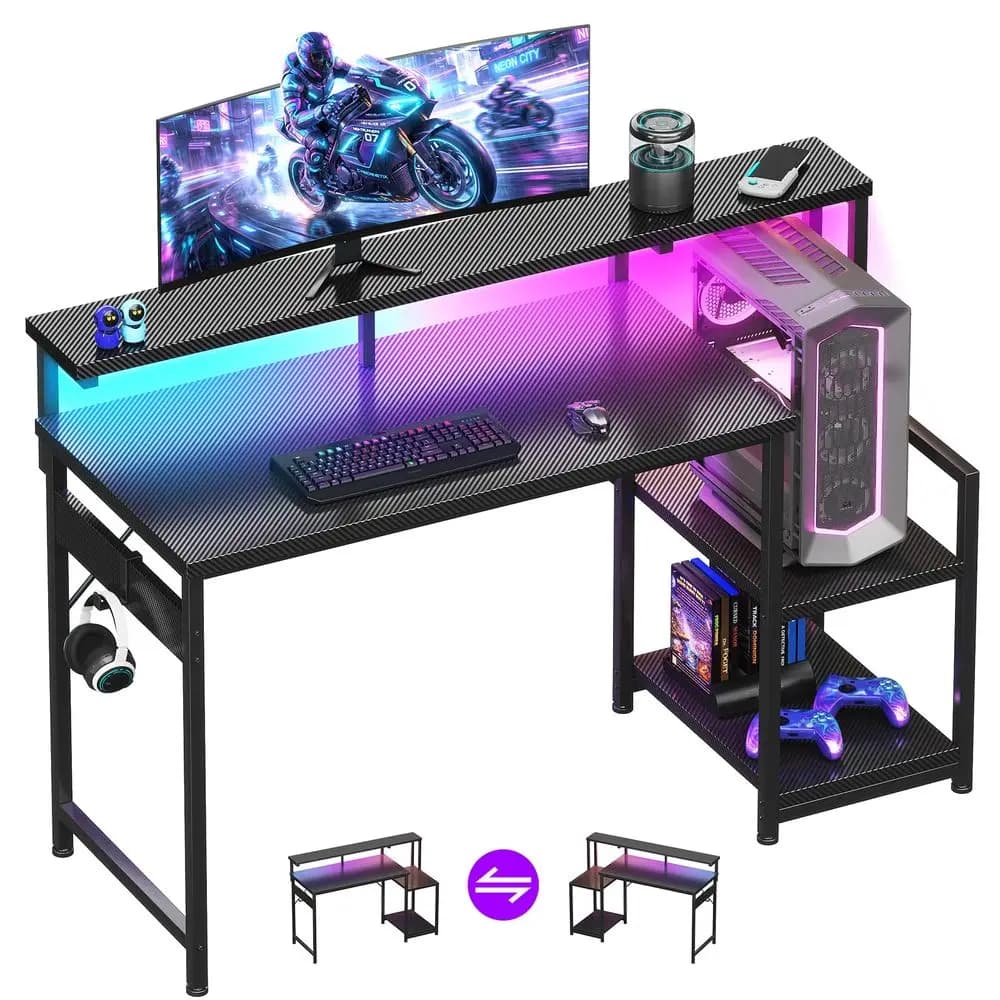 Scrivania da Gaming da 48 Pollici con Luci LED, Scrivania per Computer con Ripiani Portaoggetti, Scrivania Reversibile con Supporto per Monitor, Nero Fibra di Carbonio