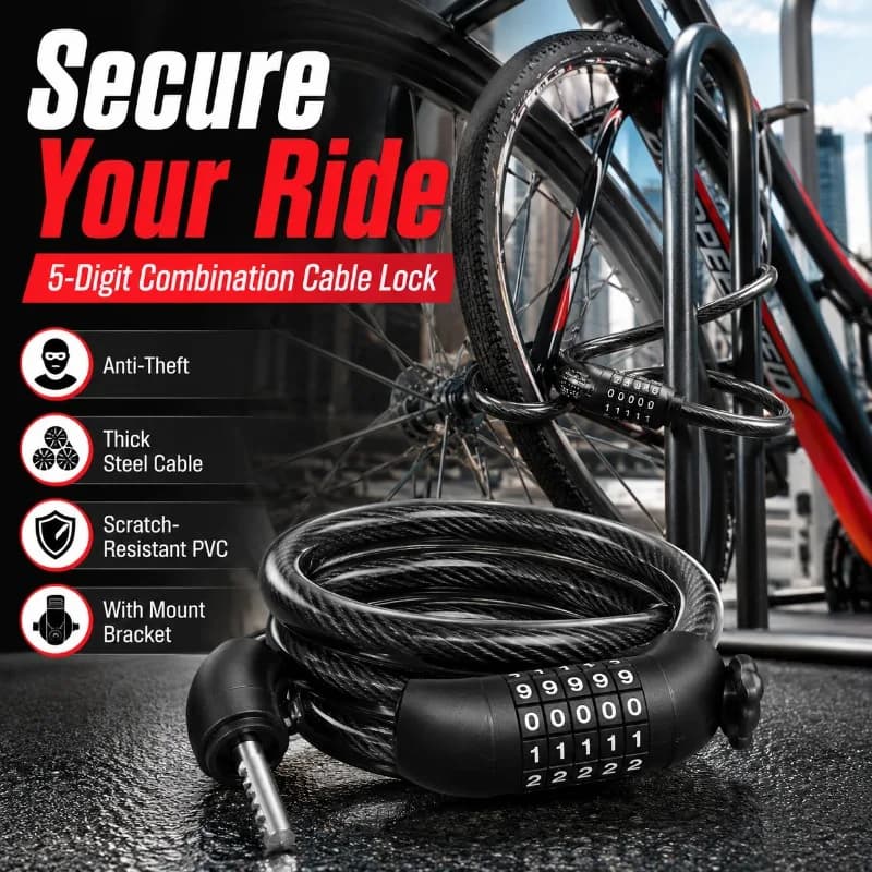 Bike Cable Lock 4/5-Digit Combination 43.3in/110cm Thick PVC Steel Security Lock for Bicycle E-Bike Motorcycle Scooter & Helmet