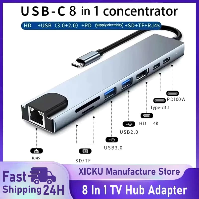 Hub USB 8 in 1 Type-C 3.1 con adattatore 4K HDTV, lettore di schede SD/TF, RJ45 e ricarica rapida PD per MacBook e notebook