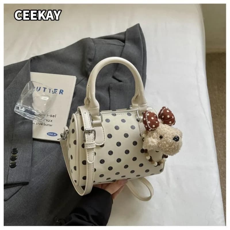 CEEKAY Mini Polka Dot Boston Bag with Top Handle Crossbody Strap Glossy PU Leather Pillow Purse with Cute Plush Charm for Girls