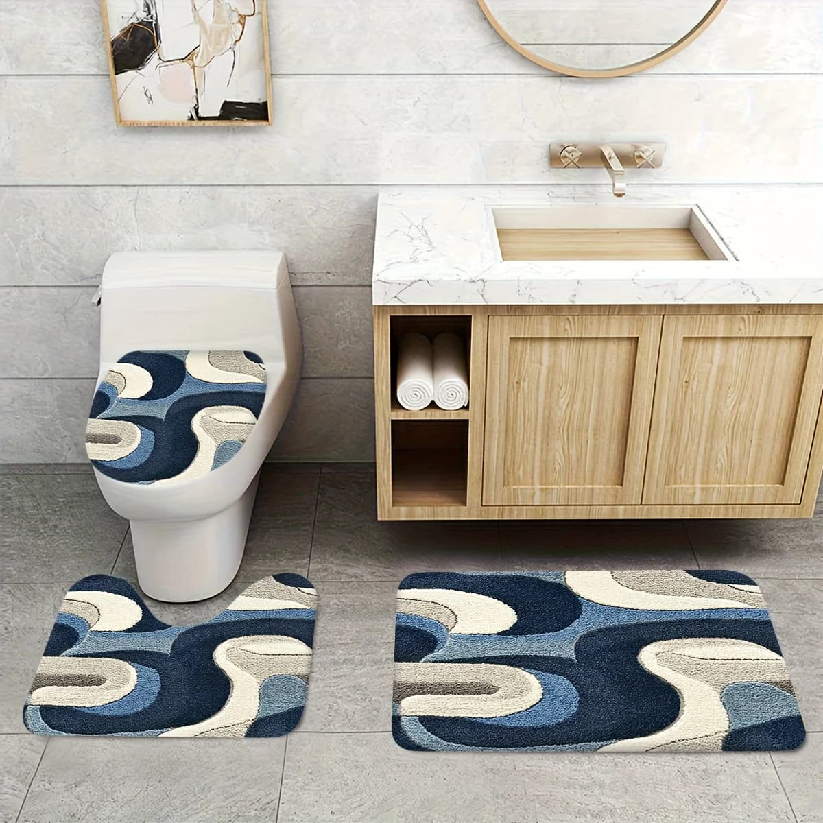 3 pezzi ​ ​ Set tappetino da bagno Coastal Wave: tappeto e tappetino in morbida flanella per l'arredamento del bagno sereno e il tema nautico ​