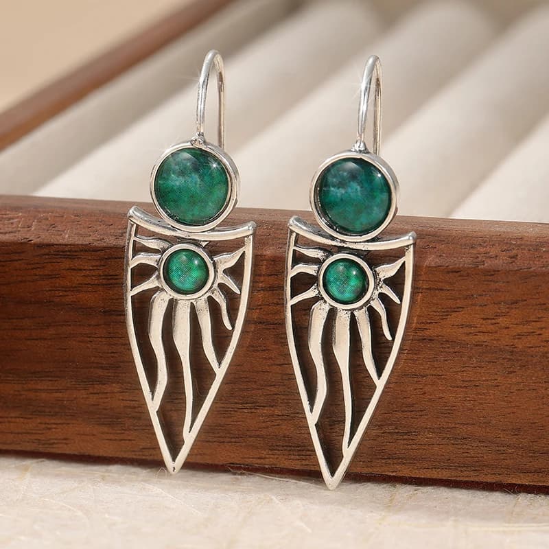 Bohemian Style Inlay Green Synthetic Gemstone Pendant Earrings Tribal Sun Pattern Metal Earrings Ethnic Jewelry