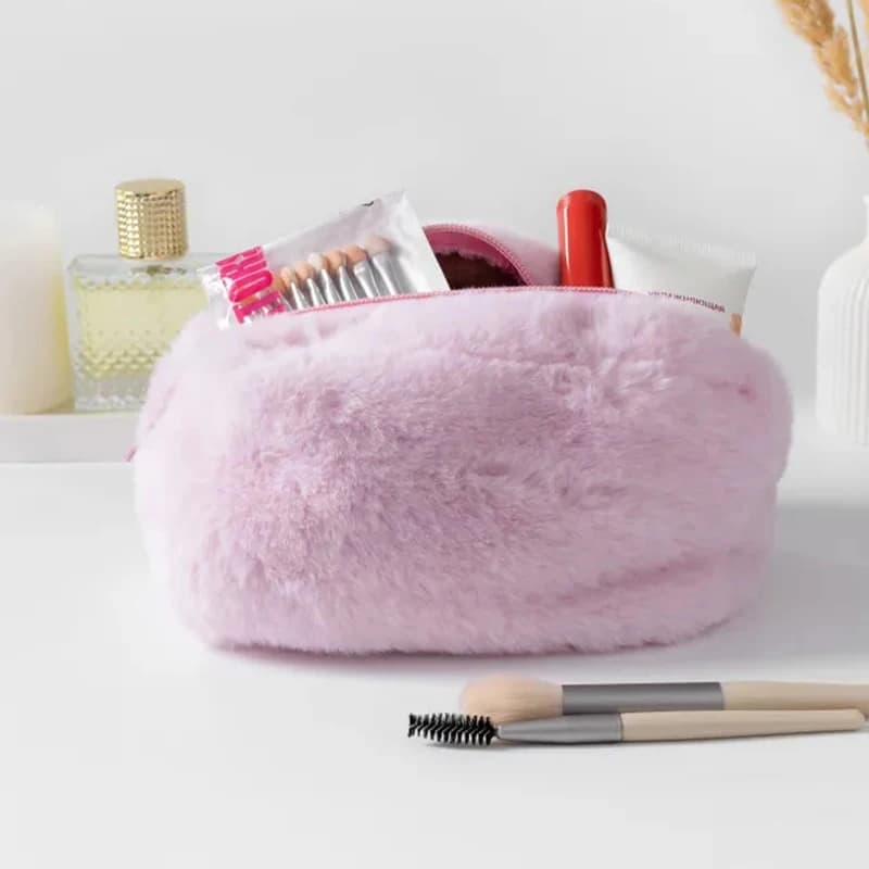 Nuovo Astuccio Portamatite in Peluche Tinta Unita, Borsa Portatile Colorata e Morbida per Trucchi