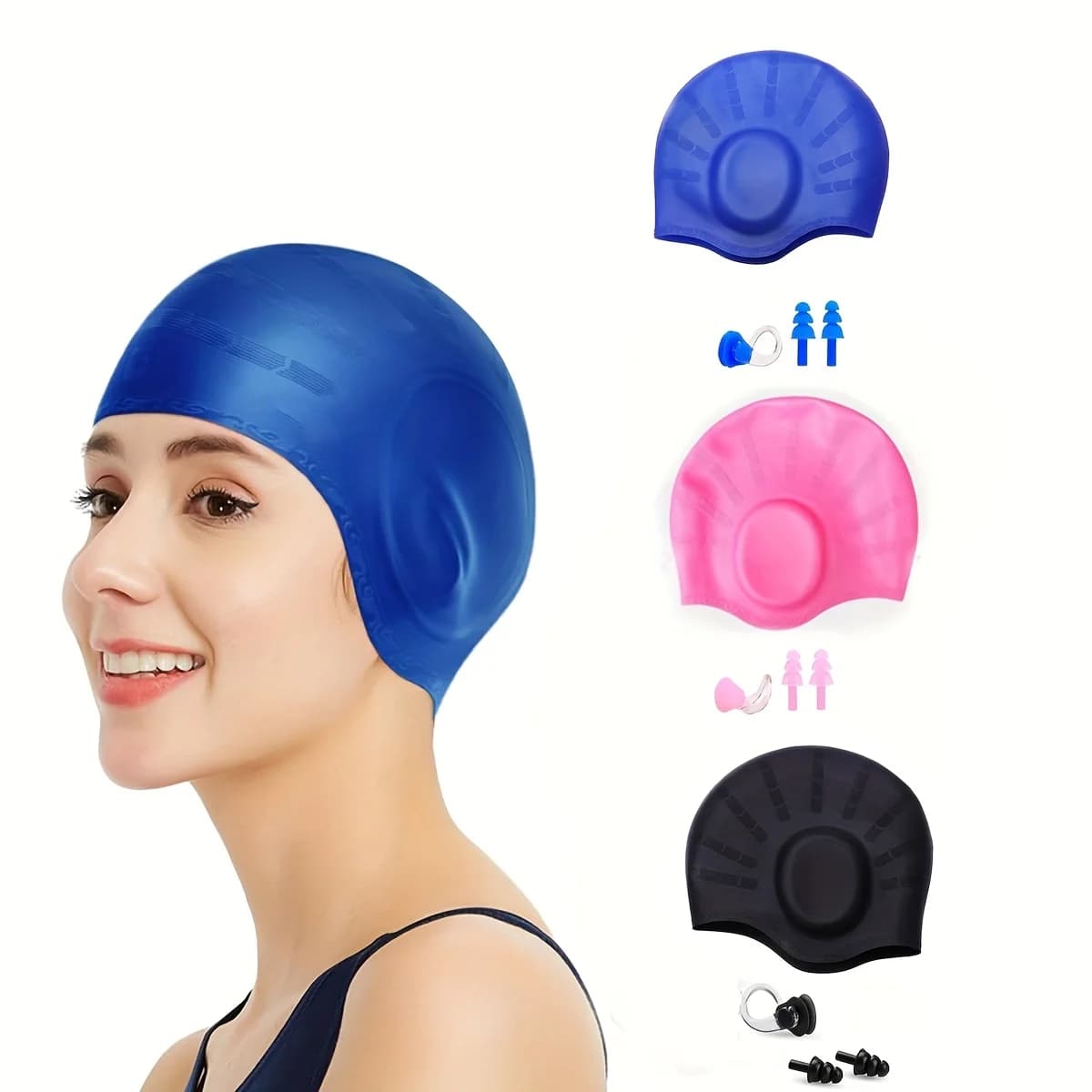 Premium silicone swim cap with ear protection, waterproof, hand washable, available in black, blue, pink