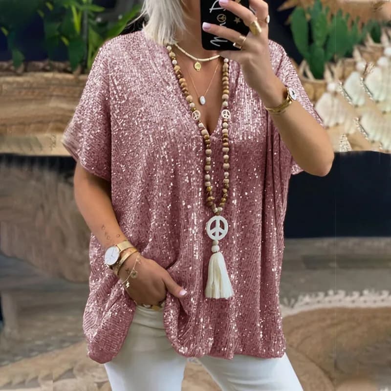 Nuova Moda Donna T-shirt con Paillettes Top Estivo 2026 a Maniche Corte Scollo a V Tinta Unita Blusa Larga Sexy Argento Oro Maglietta da Festa