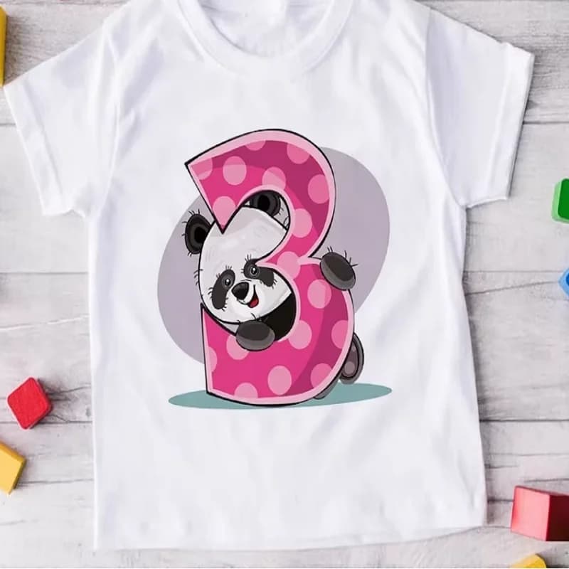 Boys Girls Cute Panda Number 3 Birthday Print T‑Shirt Short Sleeve O‑Neck Casual Loose Kids Party Daily Tees Tops