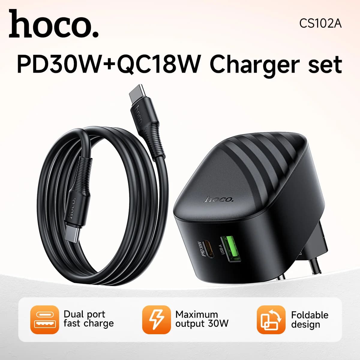 Caricabatterie HOCO EU PD30W con Spina Pieghevole per Ricarica Rapida di iPhone 17 16 Pro Max, Adattatore USB C QC3.0 per Samsung