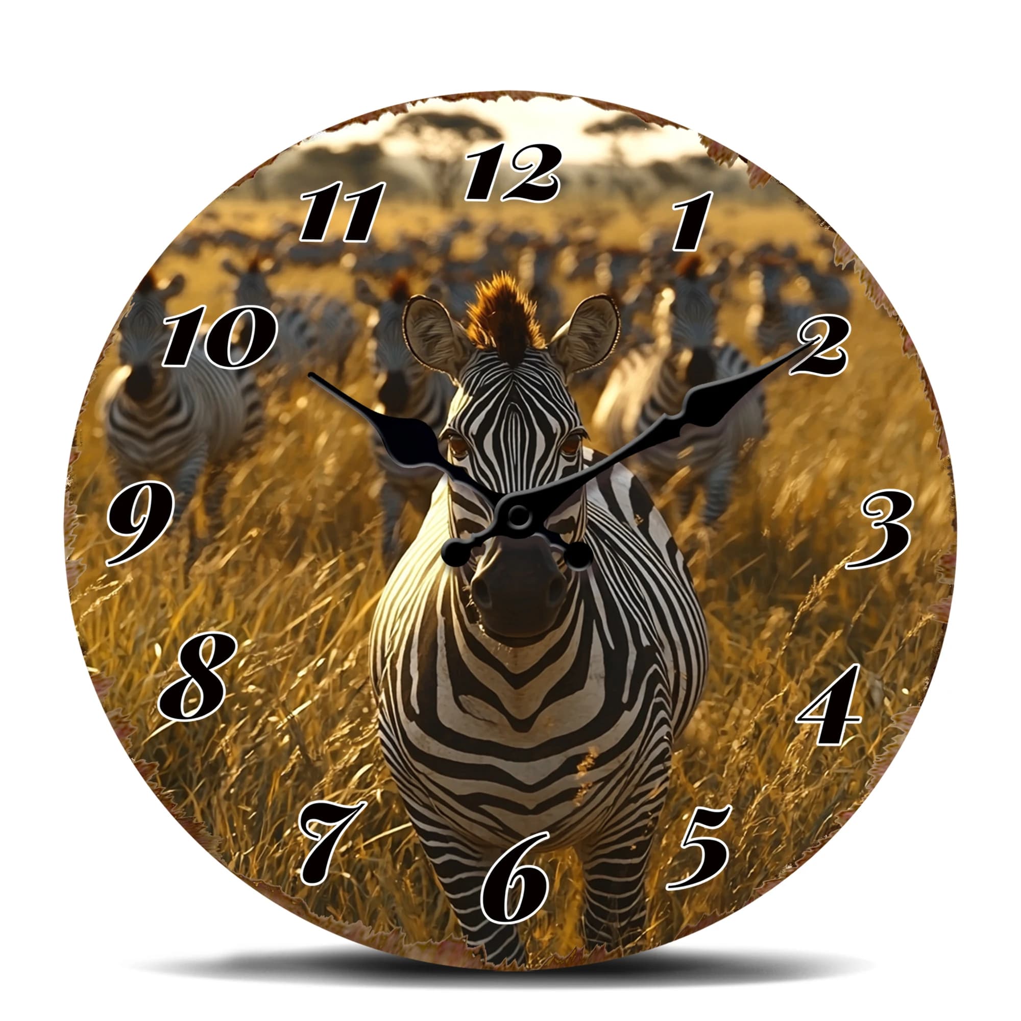 Wall Clock with Zebra Motive, Wild Animal Print, Decorative Watch with Savanna Scene and White and Black Strips for Safari Style