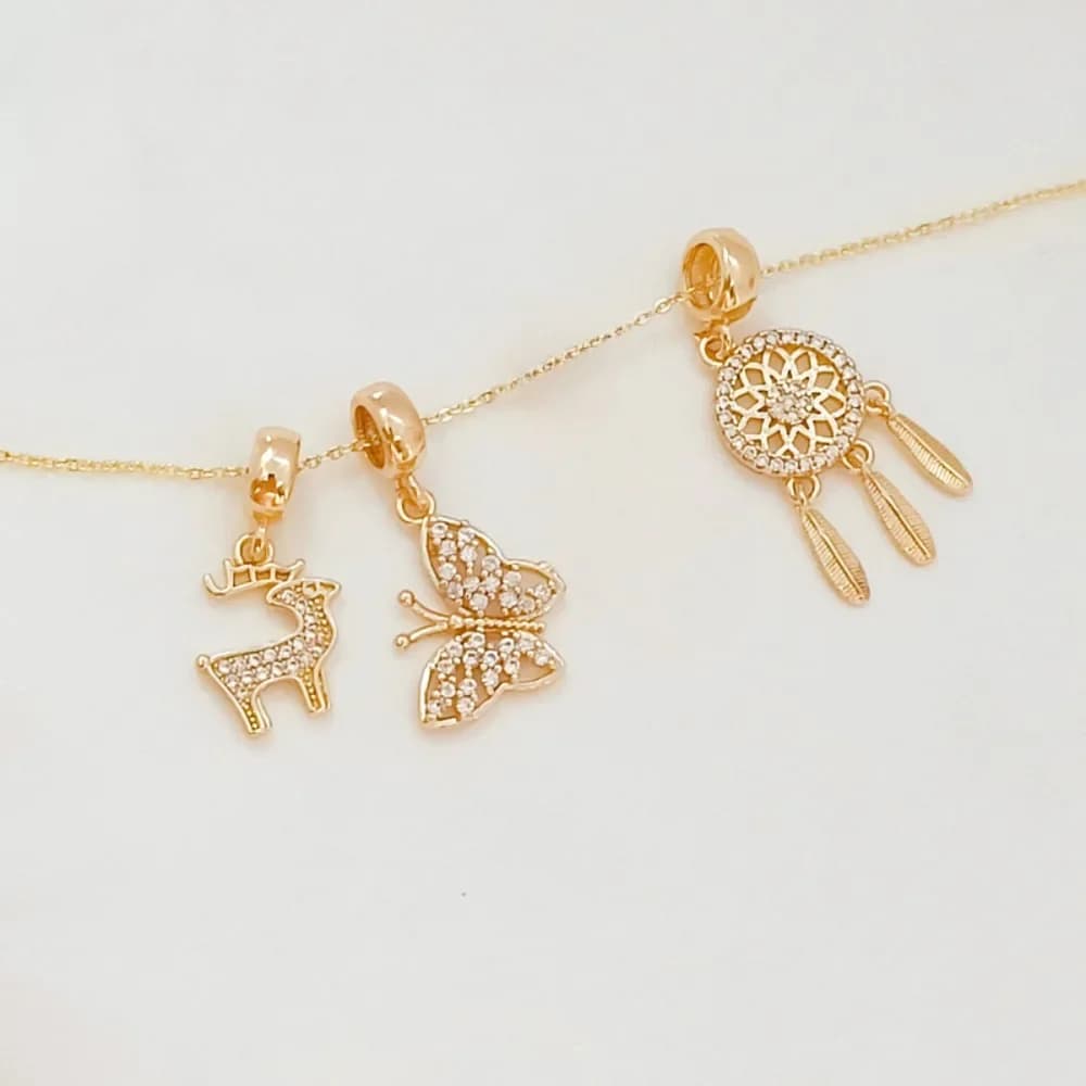 14K Gold Plated Micro-inlaid Zircon Butterfly, Bear, Christmas Deer & Dreamcatcher Pendant, DIY Red Rope Pendant