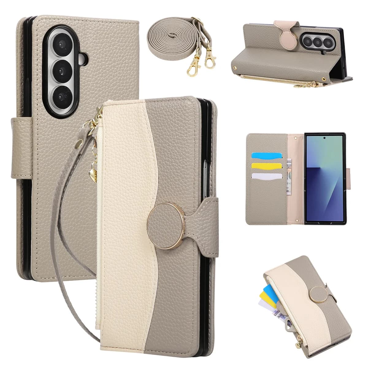 Solt shoulder zipper leather phone case for Samsung Galaxy Z Fold 7 6 5 4 3 5G Protective bag case with cord