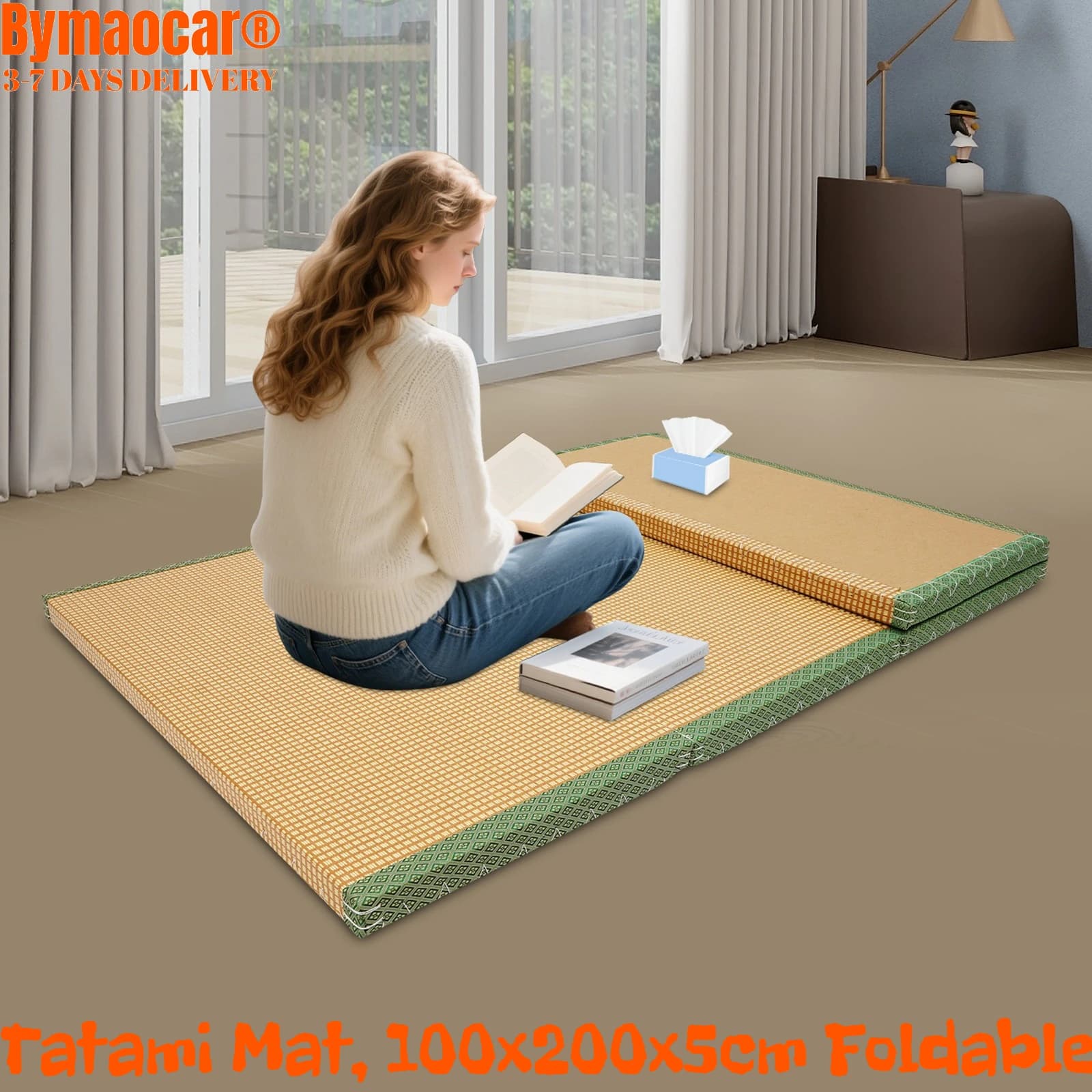 Tatami Mat, Japanese Mat Folding 100x200x5cm, Rattan Natural Fiber Mat and Yoga Cock and Meditation
