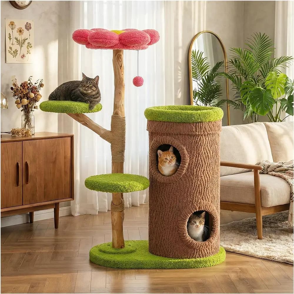 Large 53.5 Indoor Cat Tree with Lower Perch, Solid Wood Scratching Posts, Suitable for Multi-Cat Households