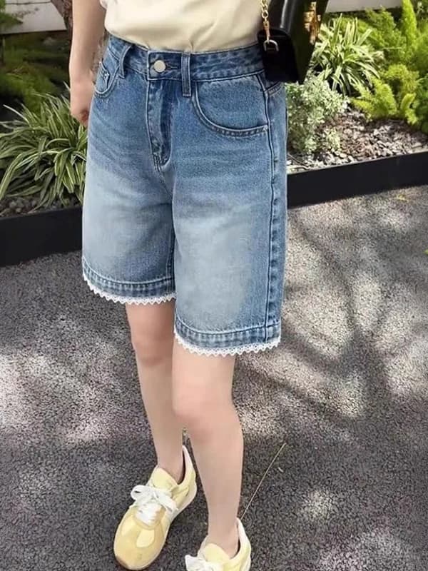 High Waist Lace Trim Loose Fit Women's Jeans Casual Wide Leg Five Lengths Summer Denim Pants plus Size Slimming Effect