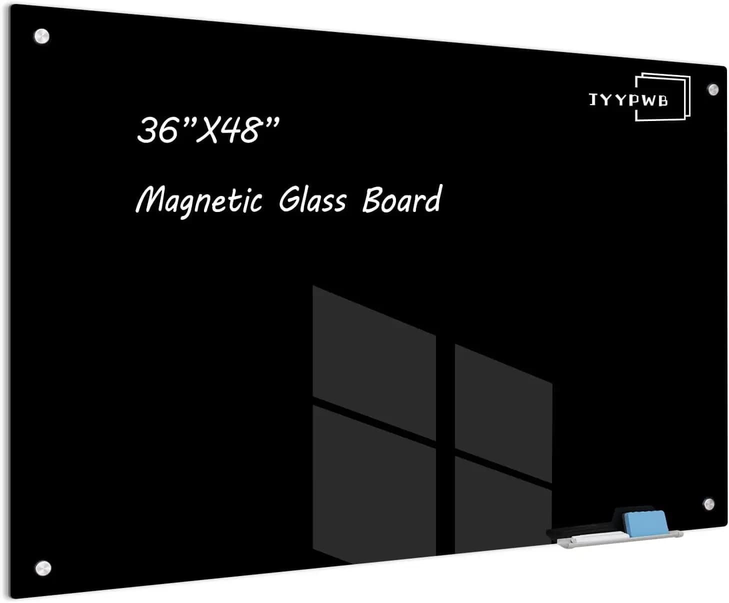 48x36 Frameless Magnetic Glass Whiteboard, Tempered Glass Dry Erase Board with Eraser & Tray for Office