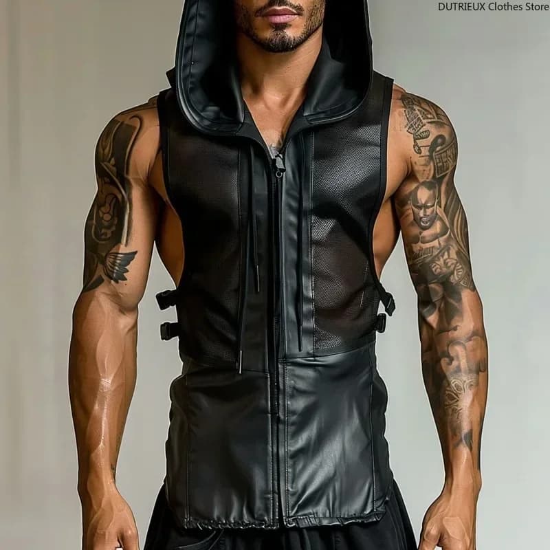 Camicia a rete con cuciture in pelle da uomo Canotta in pelle da motociclista Top Gilet con cappuccio trasparente sexy Canotta fitness da uomo muscolare Canotta Me