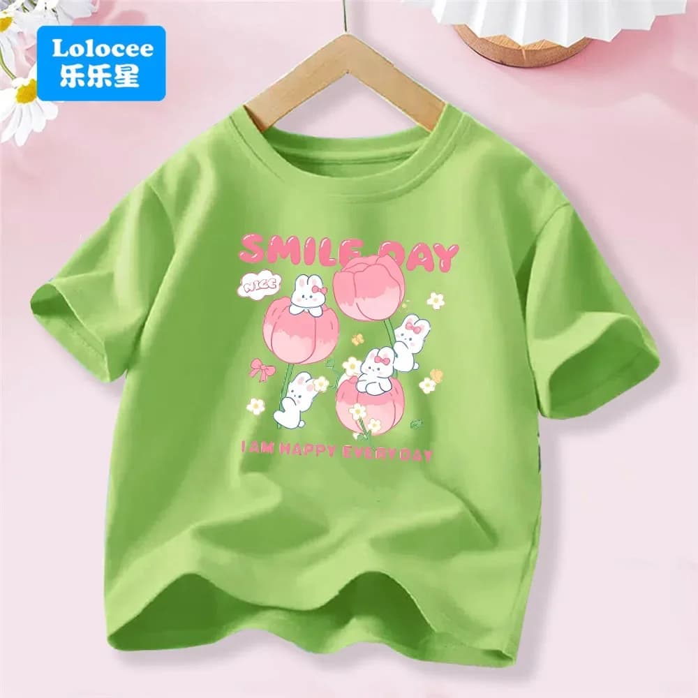 3-14T Vestiti per bambini T-shirt in cotone estivo Manica corta Top Beauty Tulip Flower e Rabbit Stampa Tee Maglietta per bambini color caramella