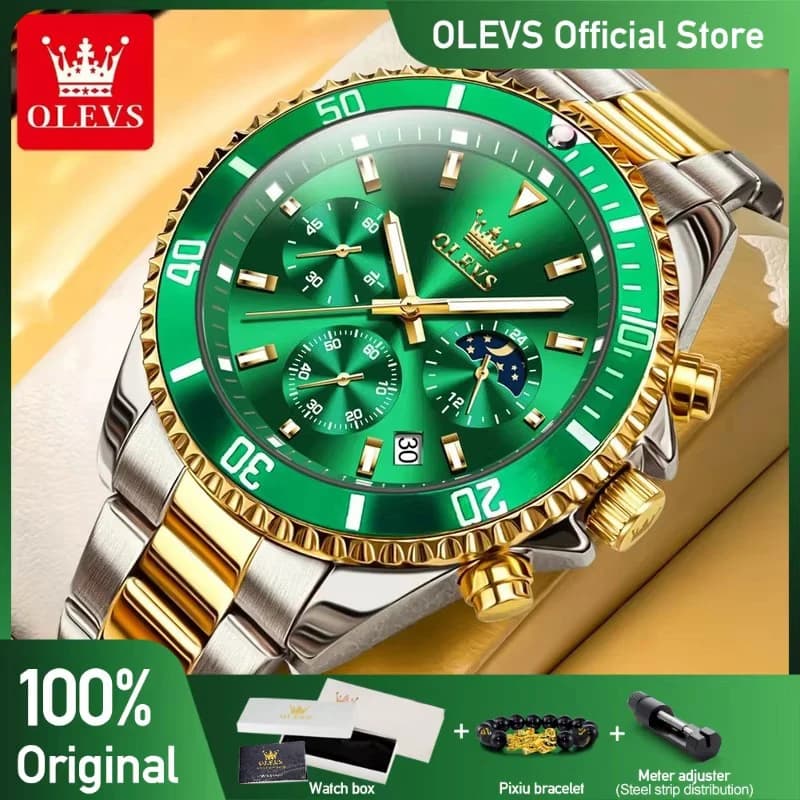OLEVS Men's Watch Luxury Men's Best Brands Chronograph Original Waterproof Stainless Steel Moon Phase Date Rota Dial