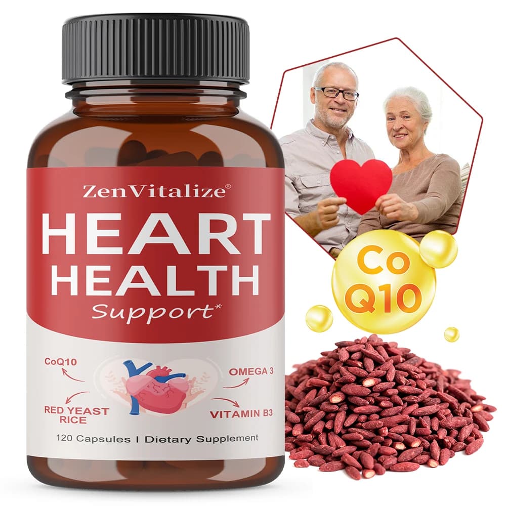 Support supplement for heart health - CoQ10, Omega 3, red yeast rice, vitamin B3, promotes healthy cholesterol levels - Non GMO