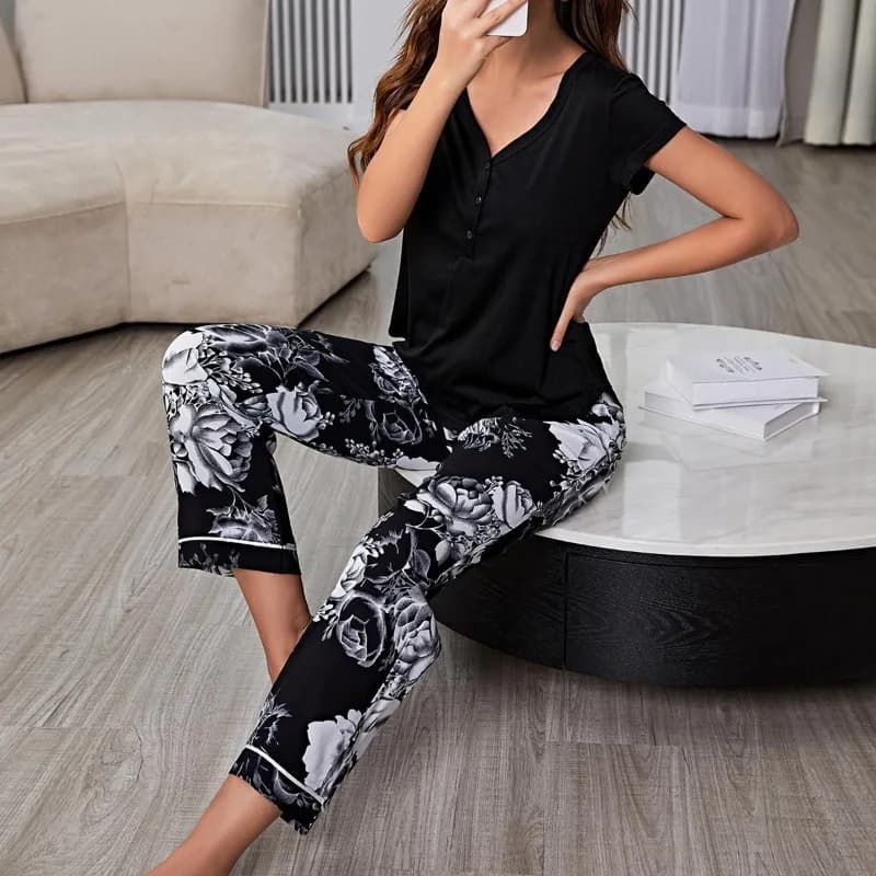 Set of 2 pieces, women's short sleeve top and trousers with floral print, pajamas, casual clothing, fashion, loungewear, homewear