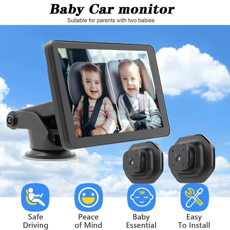 Baby monitor per auto a doppia lente 1080P, 3 metodi di installazione, sedile posteriore visibile, obiettivo regolabile, schermo IPS da 5 pollici