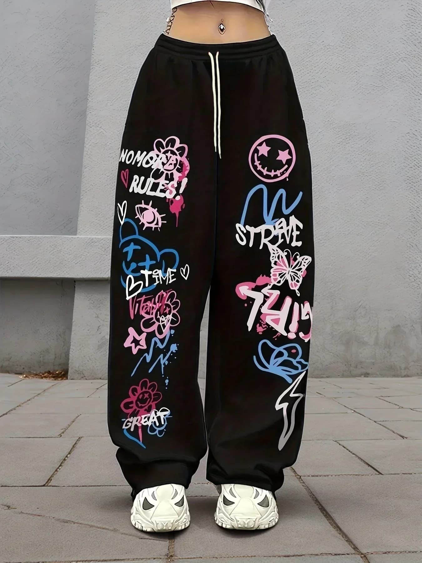 Pantaloni sportivi neri casual da donna e bambino, con stampa graffiti colorata, comodi, a gamba dritta, per primavera e autunno