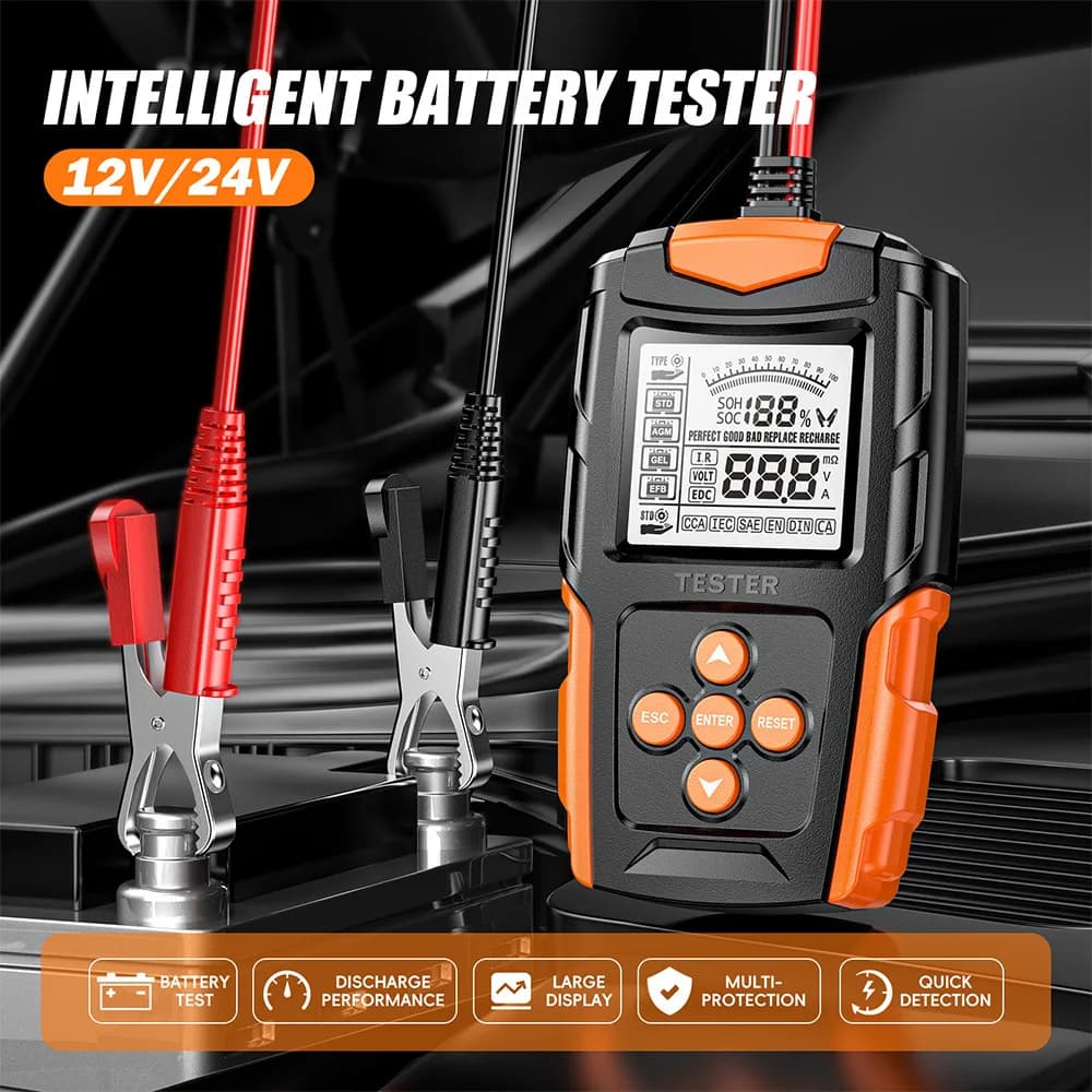 Tester per Batterie Auto 12V/24V, Analizzatore di Batterie al Piombo-Acido, Tester di Durata Batteria CCA