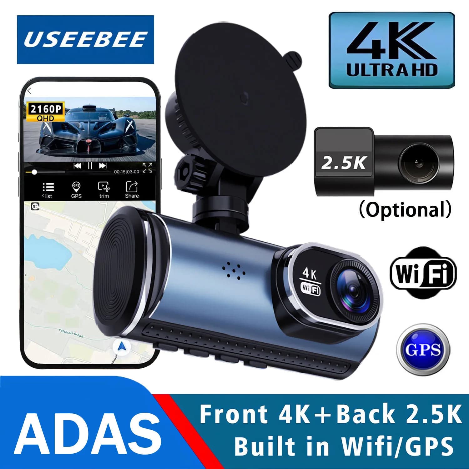 UHD 4K 2160P AI Driver Assistance Dash Cam Dual Lens ADAS WIFI GPS Mini Car DVR 2.5K Rear Camera Video Drive Recorder Dashcam