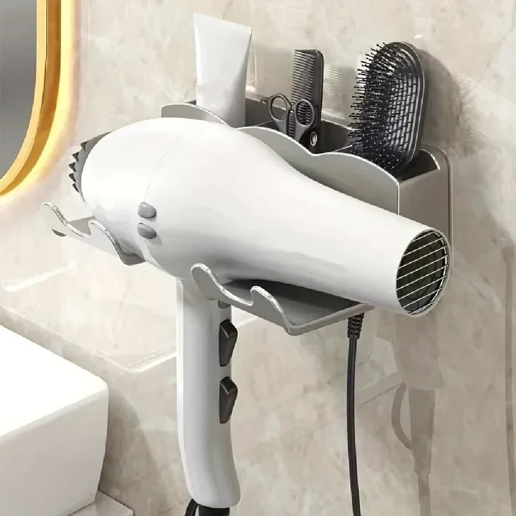 Portaoggetti per asciugacapelli da 2 pezzi, supporto da parete per bagno non perforato, portaoggetti per condotti d'aria del bagno